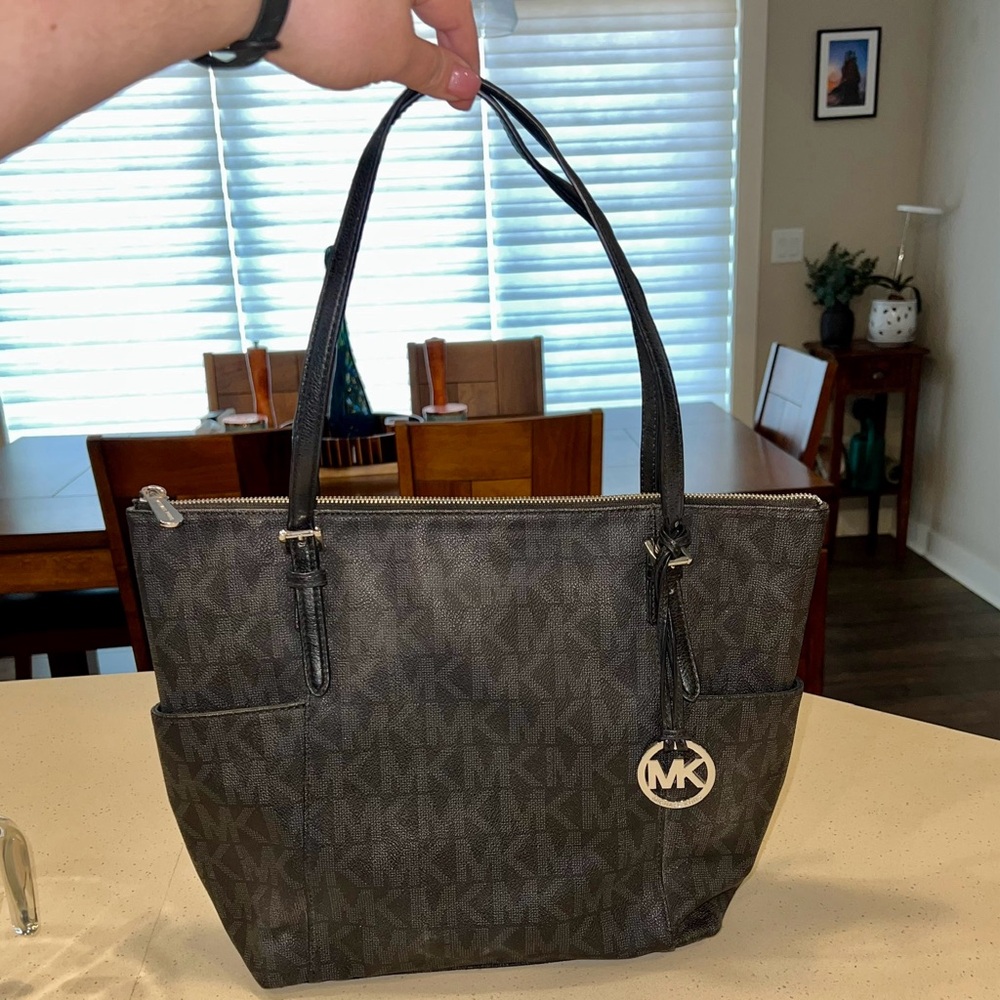 Michael Kors Black MK Monogram Zip Top Tote Bag